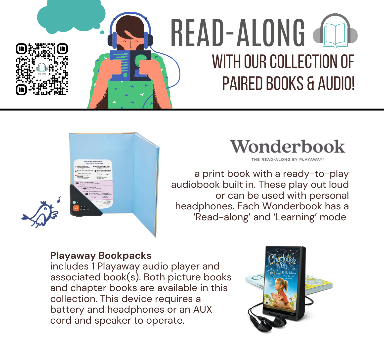 Read-Along with our collection of paired books and audio with a graphic of a person wearing headphones and reading a book, a brief description of a Wonderbook, and Playaway Bookpacks
